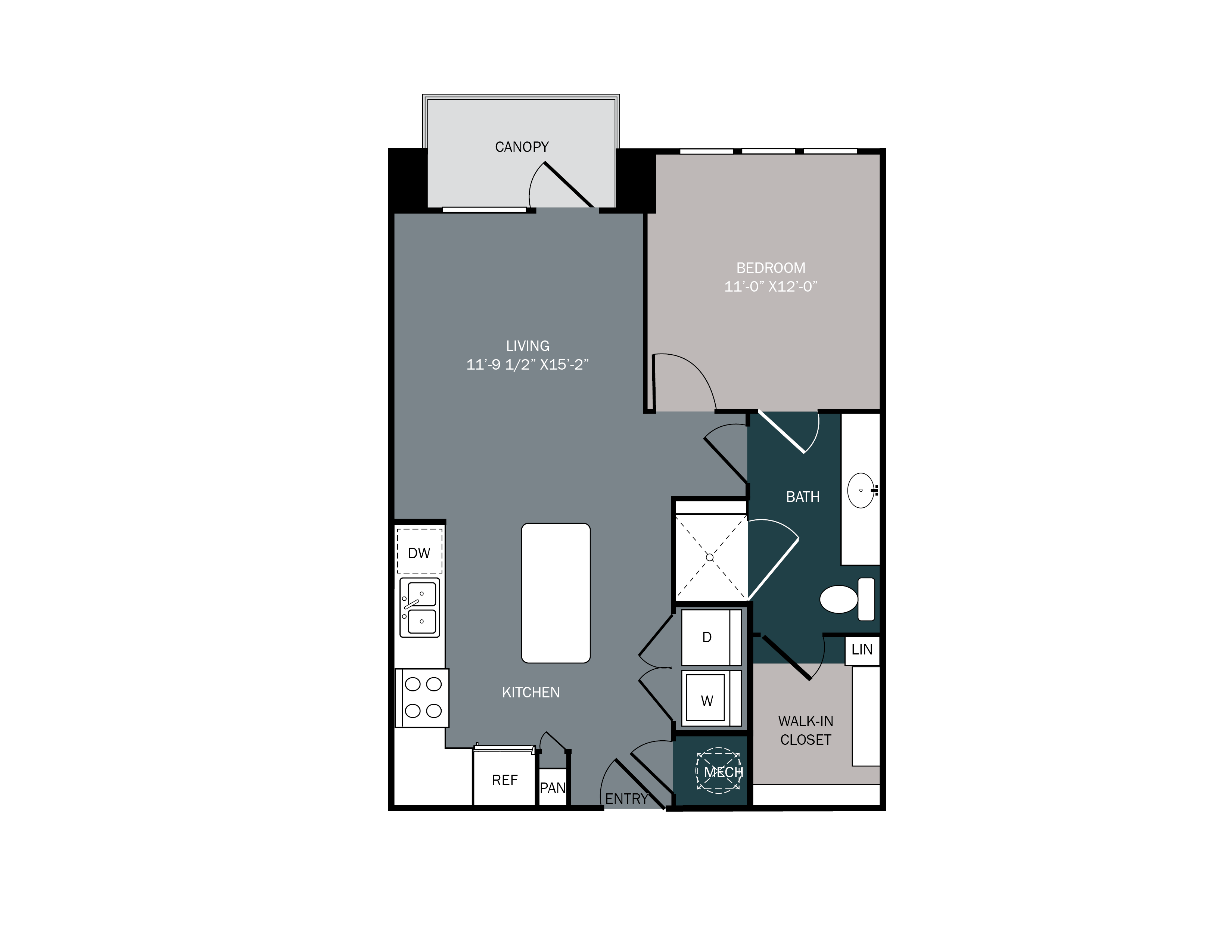 large one bedroom apartment with kitchen island