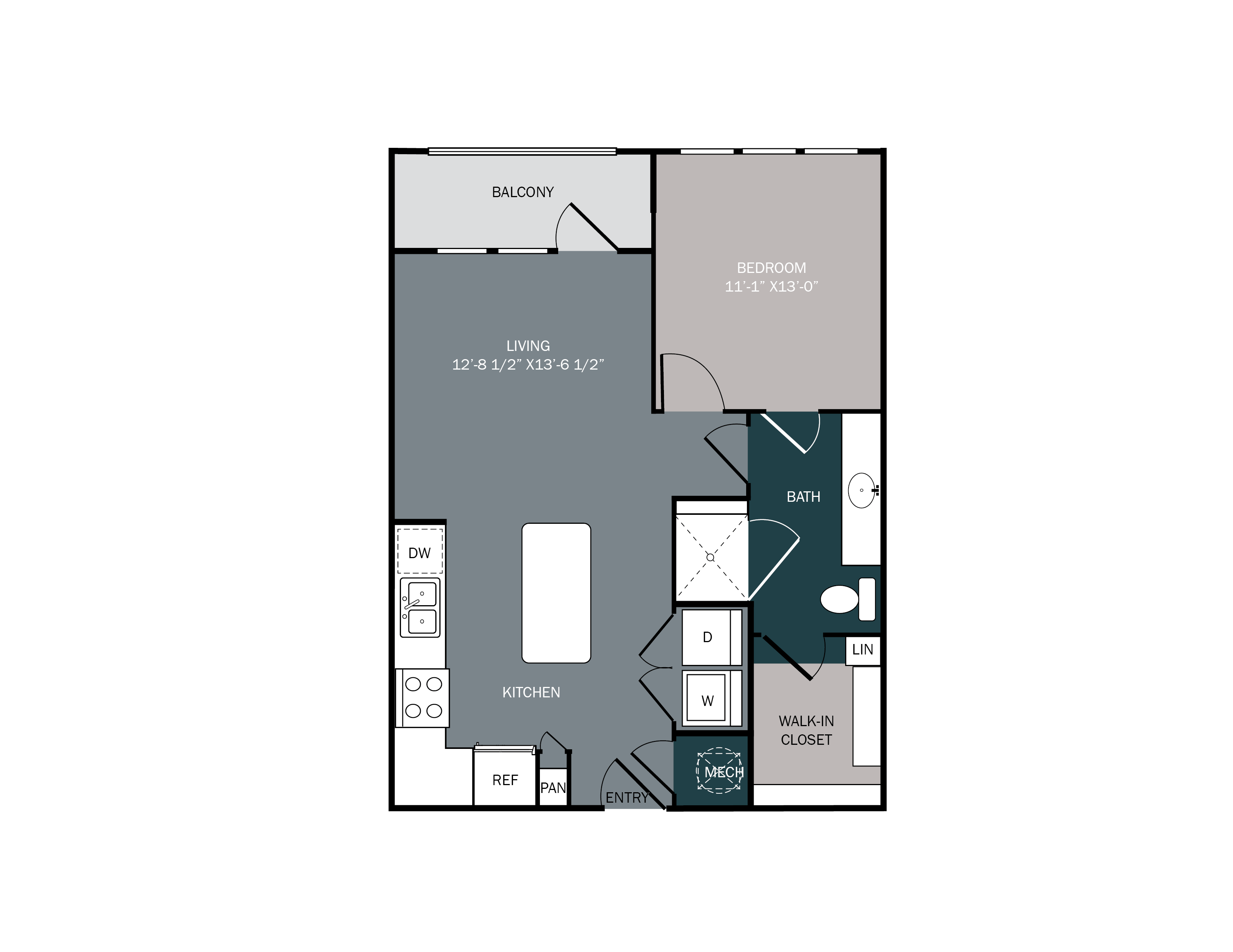 One bedroom apartment with open floor plan and balcony