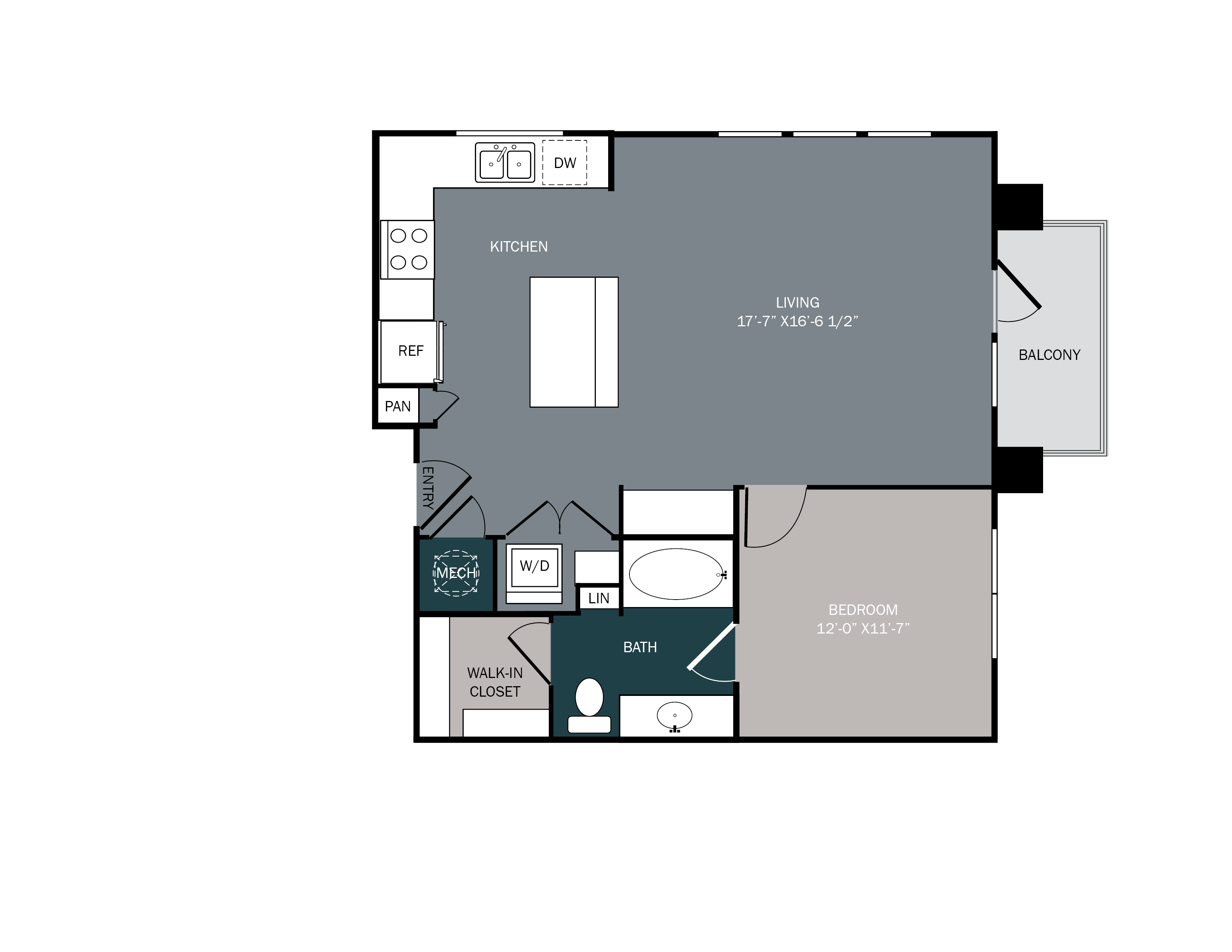 One bedroom apartment with large kitchen island