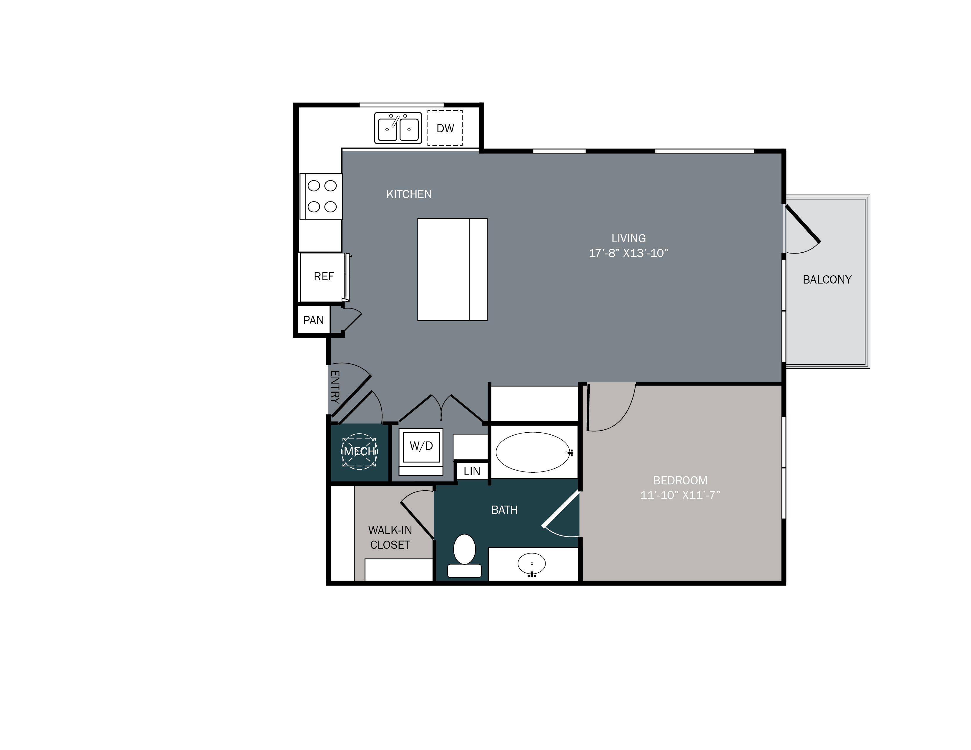 One bedroom apartment with large kitchen island