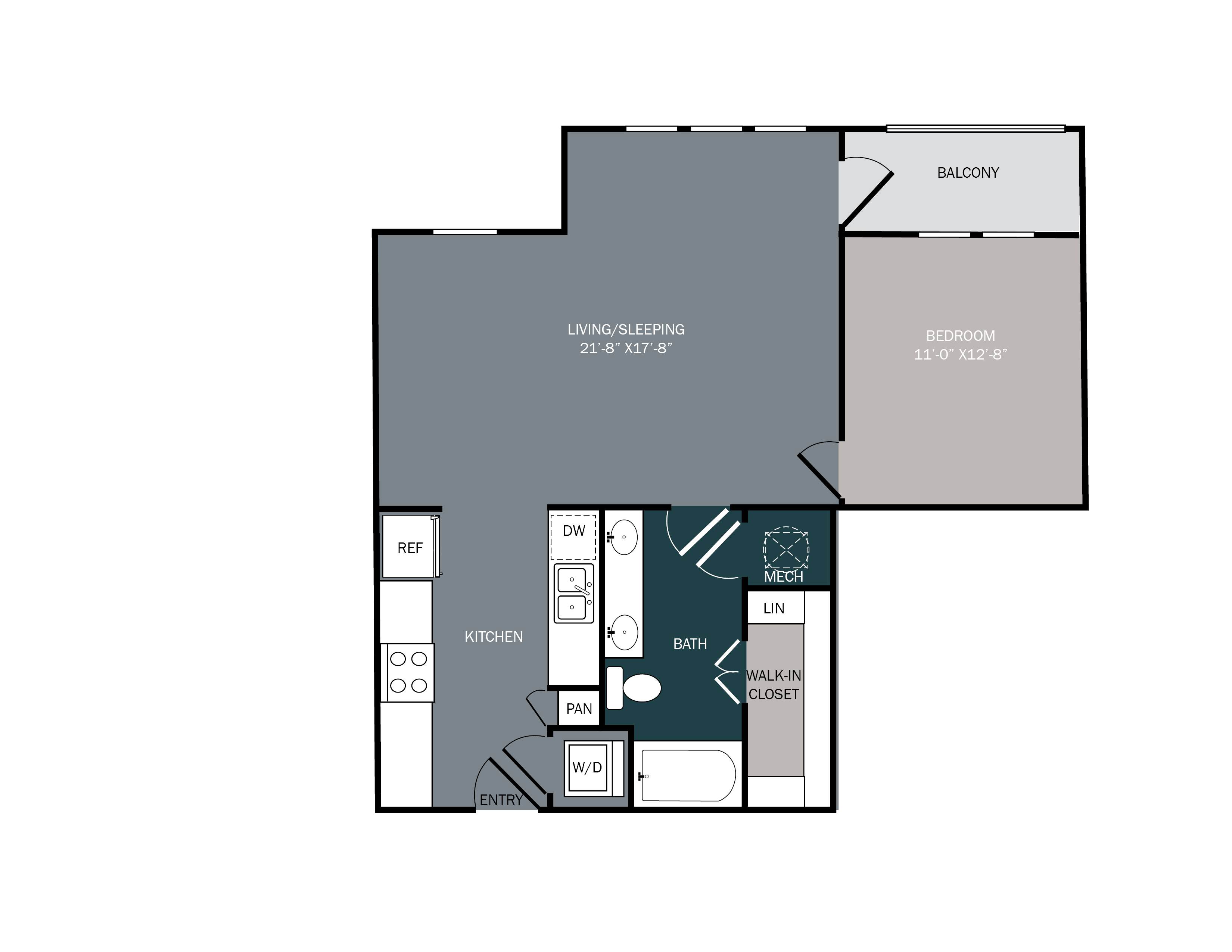 large studio apartment with bathroom and kitchen