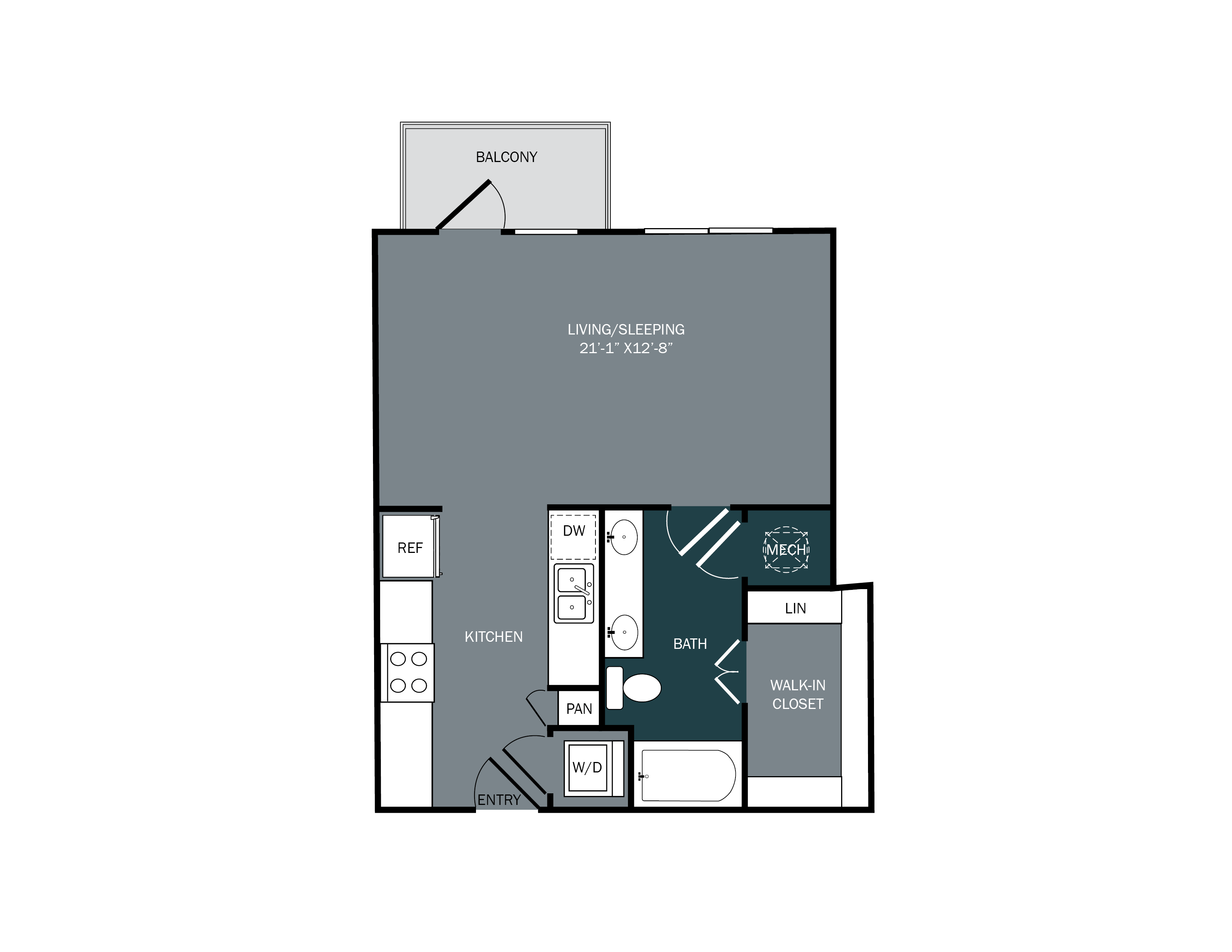 Studio apartment with bathroom and kitchen