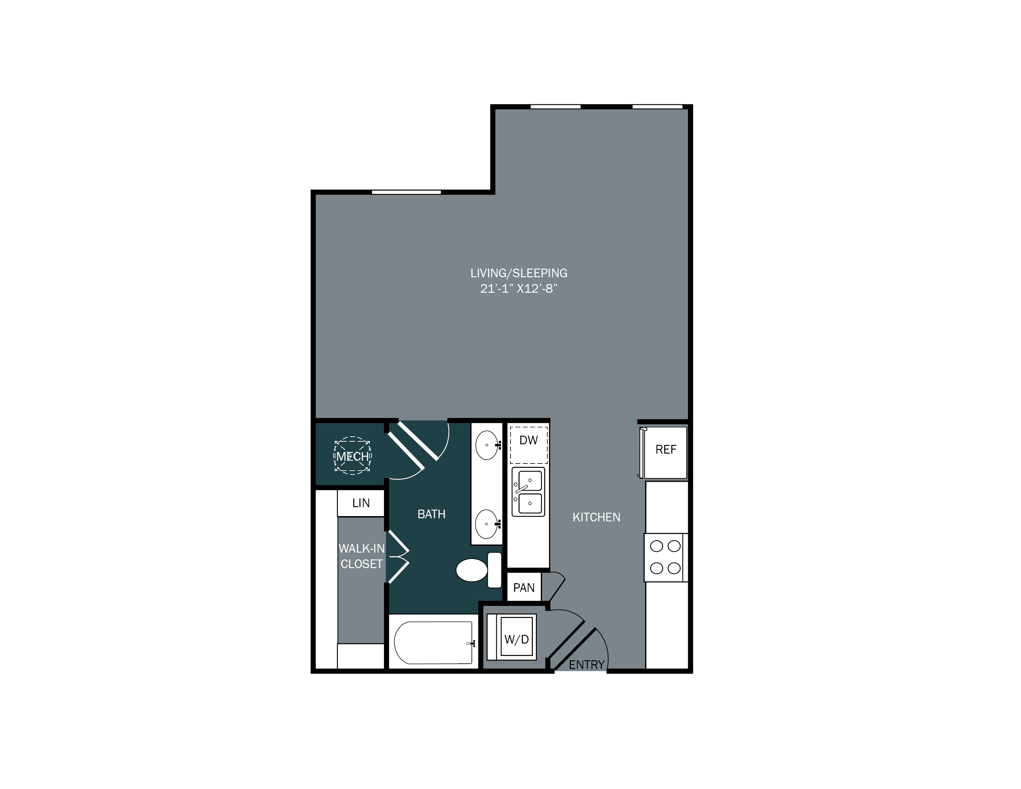 Studio apartment with bathroom and kitchen