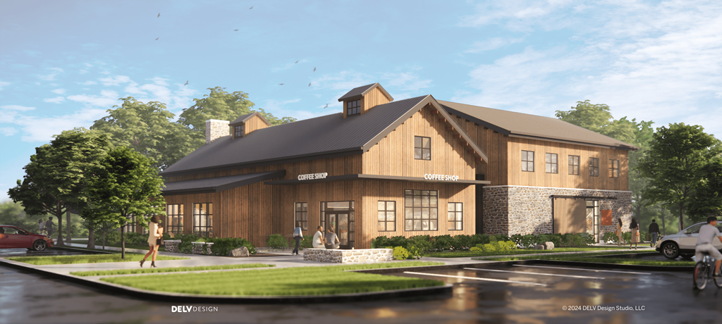 A large wooden building with a black roof and a stone pillar in front.