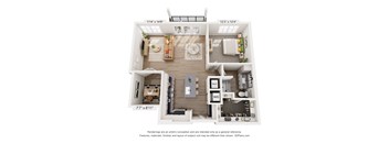 A 3D floor plan of a house with a kitchen, living room, dining room, and bathroom.