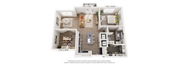 A 3D floor plan of a house with a living room, kitchen, and two bedrooms.