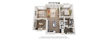 A 3D floor plan of a house with a kitchen, living room, and two bedrooms.