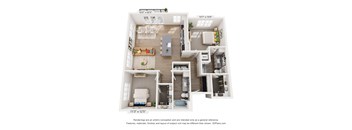 A 3D floor plan of a house with a living room, kitchen, and two bedrooms.