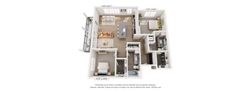A 3D floor plan of a house with a living room, kitchen, and two bedrooms.