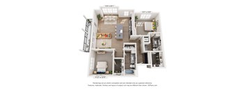 A 3D floor plan of a small apartment with a living room, kitchen, and bathroom.