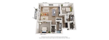 A 3D floor plan of a house with a living room, kitchen, and two bedrooms.