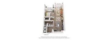 A 3D floor plan of a small apartment with a kitchen, living room, and bathroom.