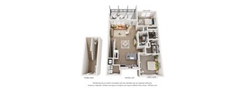 A floor plan of a two-story apartment with a living room, kitchen, and two bedrooms.
