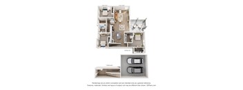 A 3D floor plan of a house with labeled rooms.