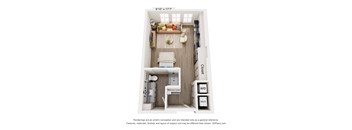 A 3D floor plan of a small apartment with a kitchen, living room, and bathroom.