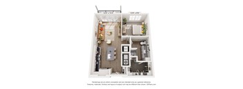 A 3D floor plan of a small apartment with a kitchen, living room, and bathroom.