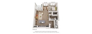 A 3D floor plan of a two-bedroom apartment with a living room, kitchen, and two bathrooms.