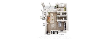 A 3D floor plan of a one-bedroom apartment.