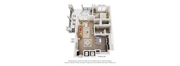 A 3D floor plan of a one-bedroom apartment.