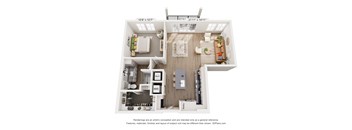 A 3D floor plan of a small apartment with a kitchen, living room, and bathroom.