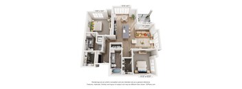 A 3D floor plan of a house with a living room, kitchen, and two bedrooms.
