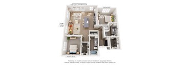 A 3D floor plan of a small apartment with a kitchen, living room, and bathroom.