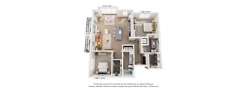 A 3D floor plan of a small apartment with a kitchen, living room, and bathroom.
