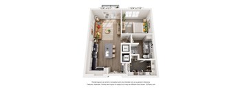 A 3D floor plan of a small apartment with a kitchen, living room, and bathroom.