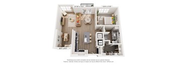 A 3D floor plan of a two-bedroom apartment with a living room, kitchen, and bathroom.