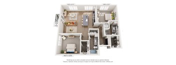 A 3D floor plan of a house with a living room, kitchen, and two bedrooms.