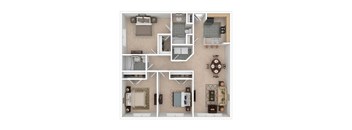 A floor plan of a house with two bedrooms, a living room, a kitchen, and a bathroom.
