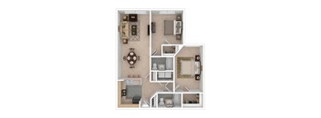 A floor plan of a small apartment with a kitchen, living room, and bathroom.