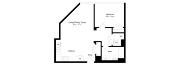 a floor plan of a living room with a bedroom and a kitchen