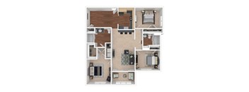 A detailed 3D floor plan of a small apartment.