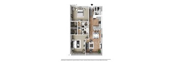 A floor plan of a small apartment with a kitchen, living room, and bedrooms.