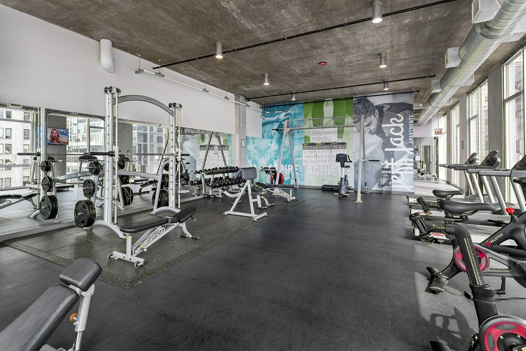 a gym with weights and other exercise equipment and a mural on the wall