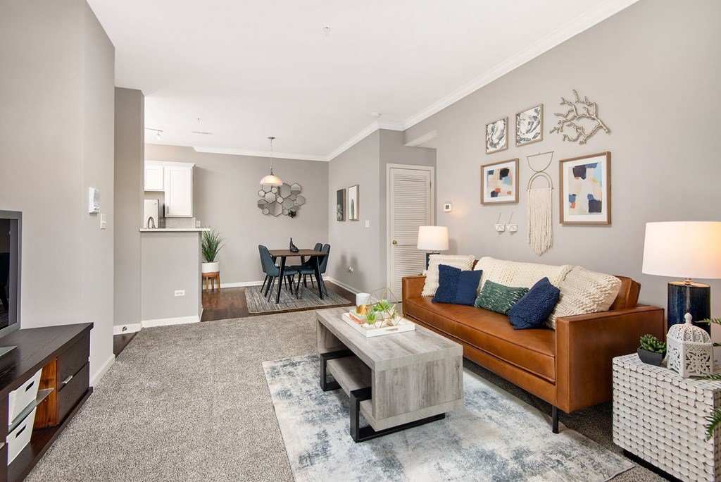 Living Room With Kitchen View at Thornberry Woods Apartment Homes, Illinois, 60565