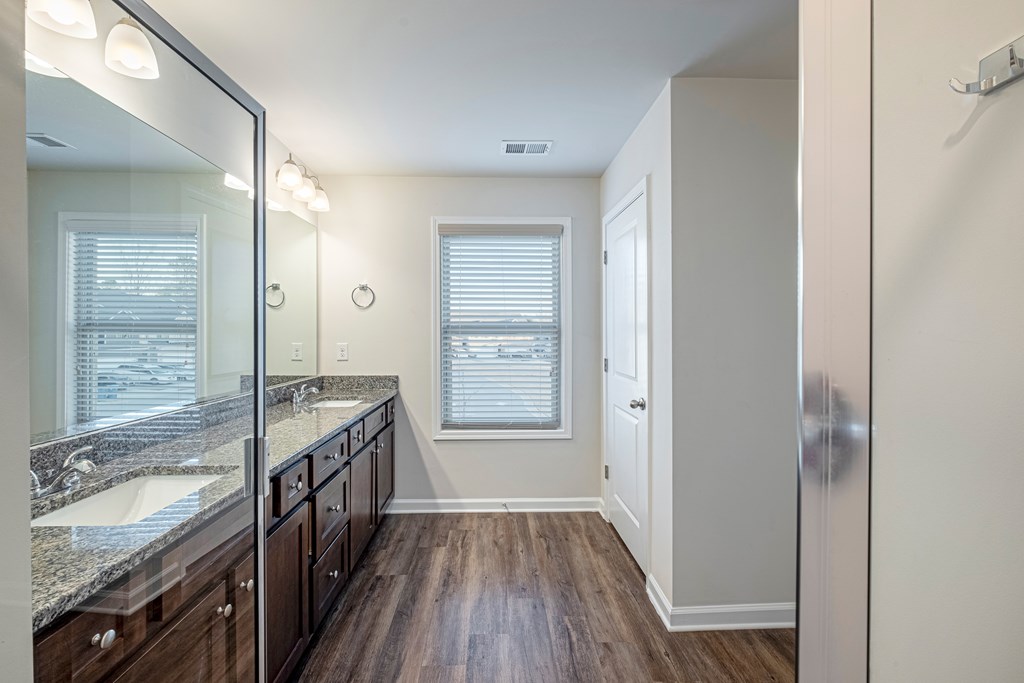 a bathroom with a large mirror and a large vanity with two sinks
