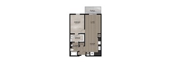 A floor plan of a Chill apartment with a living room, kitchen, and bathroom.