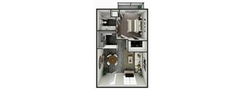 A 3D rendered image of a small apartment layout.