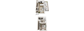 A top-down view of a small apartment with a kitchen, living room, and bathroom.