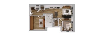A top-down view of a living room with a couch, a coffee table, and a television.