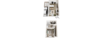 A top-down view of a small apartment with a kitchen, living room, and bedroom.