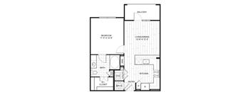A floor plan of a small apartment with a bedroom, living/dining area, kitchen, and bathroom.