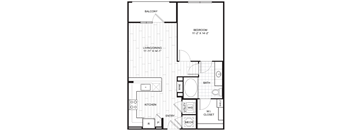A floor plan of a home with a balcony, bedroom, living/dining area, kitchen, bathroom, wine area, utility closet, and entry/mech.
