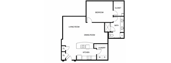 A floor plan of a home with a living room, dining room, kitchen, laundry, and bedrooms.