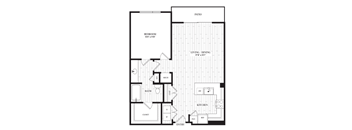 A black and white floor plan of a house with a bedroom, bathroom, kitchen, living/dining area, and a patio.