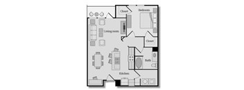 857 Sq Ft One bedroom One bathroom apartment with kitchen island, large living room, laundry room, and dual walk-in closets