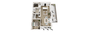 A top-down view of a modern apartment layout.