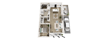 A top-down view of a modern apartment with a living room, kitchen, and dining area.